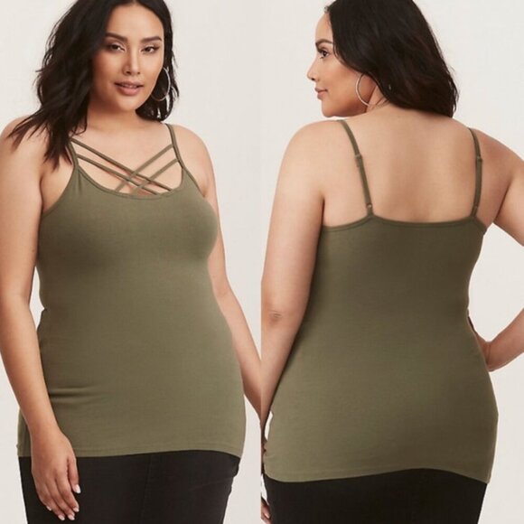TORRID 2 Plus Size Foxy Strappy Cami Solid Olive Green Sleeveless Cotton Tank 2X - Picture 1 of 14